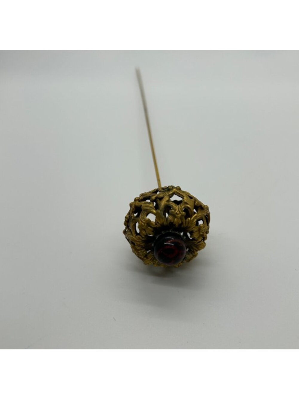 Antique Edwardian Hat Pin Gilded Brass Filigree Red Cabochon 1900s 9" READ - Picture 11 of 16